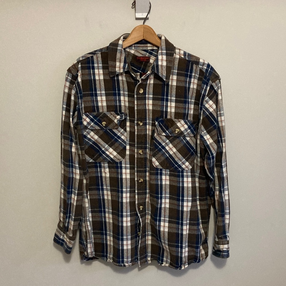Five Brother Multicolor Plaid Button Down Heavy Flannel Shirt, Size Large Blue